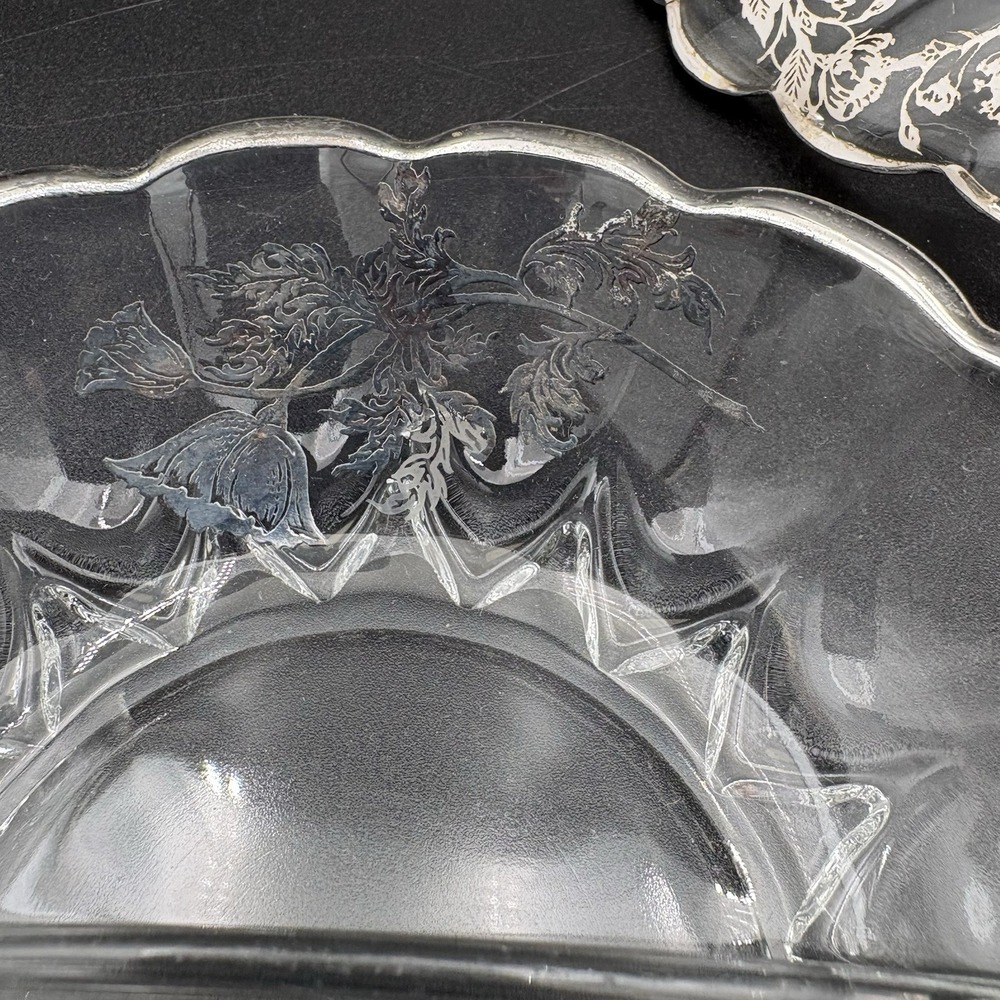 Set Silver City Glass Flanders Poppy Divided Relish & 11" Oval Dish Silver Leaf - Picture 13 of 14